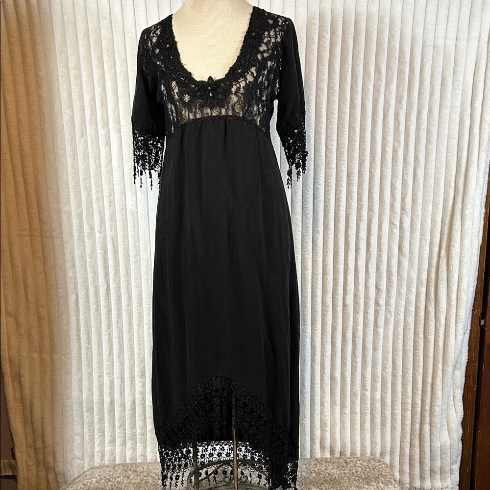 Vtg Phun Shirts floral lace trimmed BoHo chic witchy, dark fairy dress small